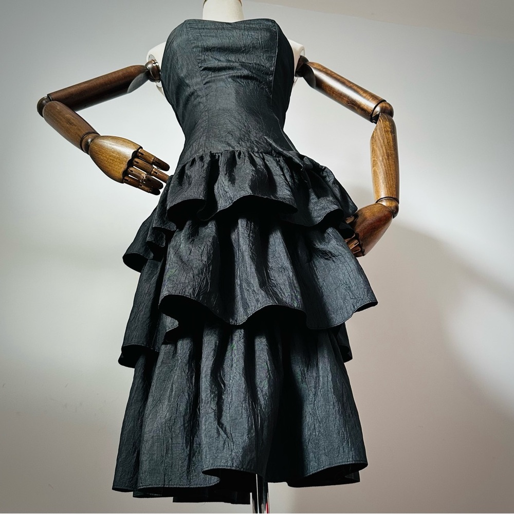 Black Strapless Midi Cocktail Dress with Tiered Skirt and Bow Detail